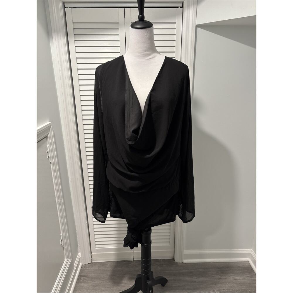 NEW Pepper Mayo Sorrel Long Sleeve Mini Dress Black Chiffon Cowl Neck Sheer Sz S